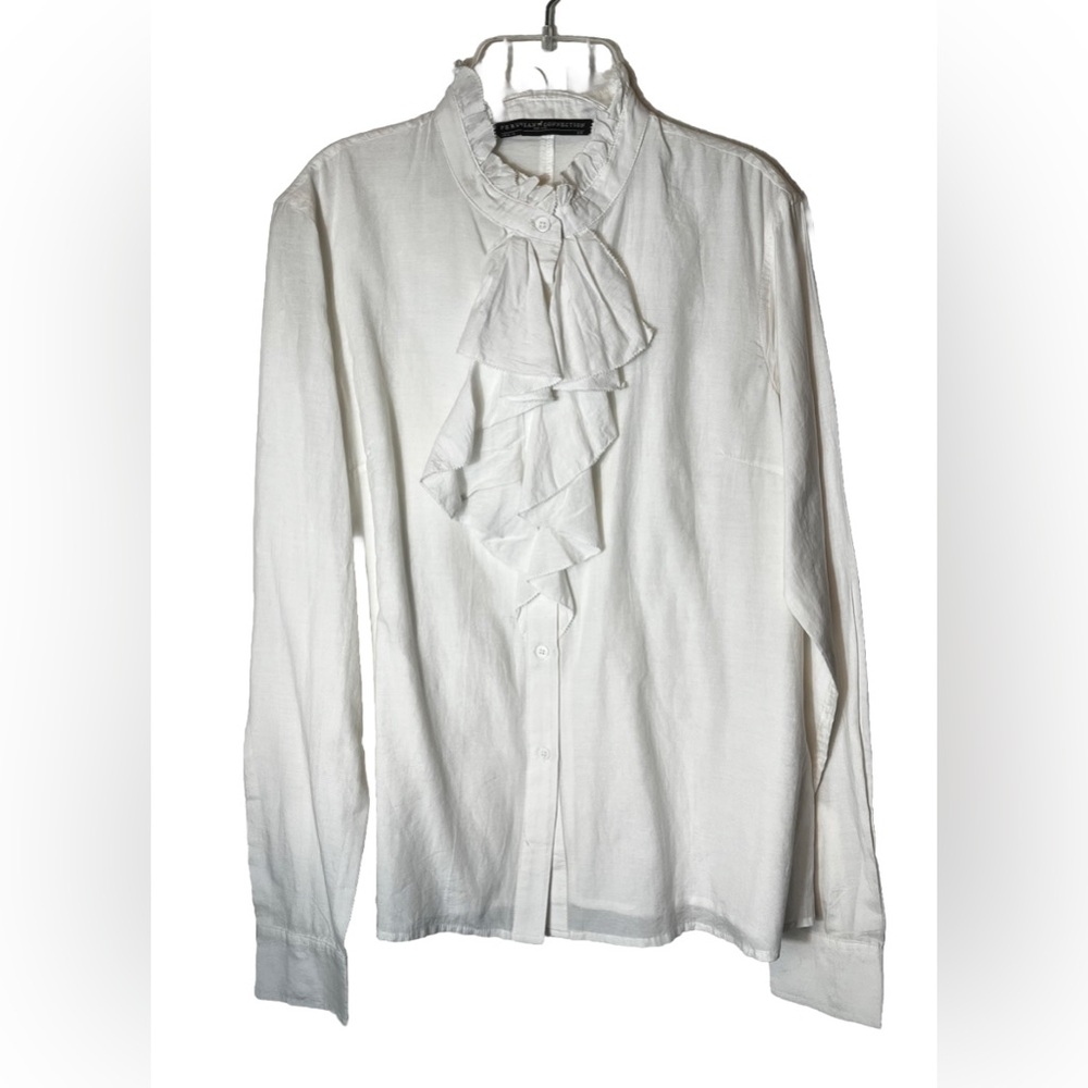 Peruvian Connection White Cotton Voile Sheer Ruffled Button Up Top Blouse Sz XS
